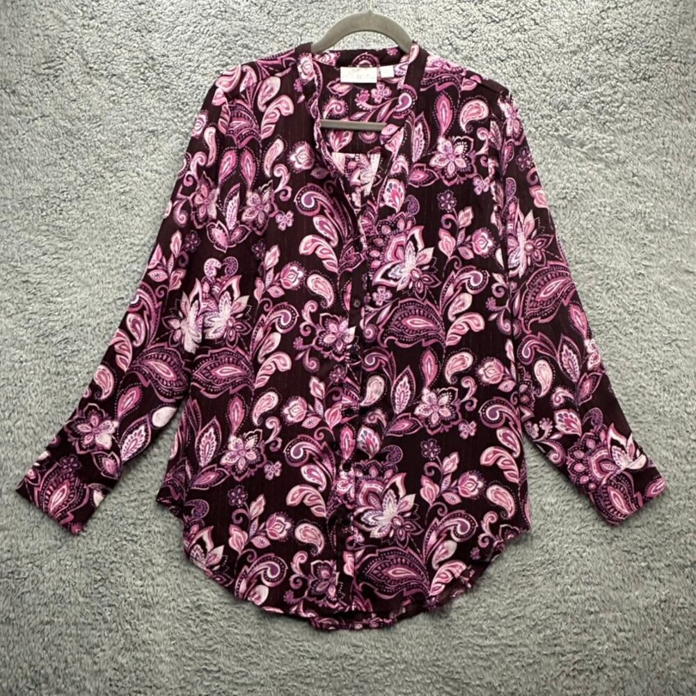 Belle by‎ Kim Gravel Women's Large Purple Floral Tunic Blouse Button Up V-Neck